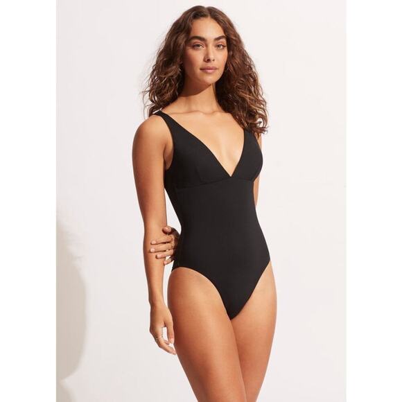 Seafolly Women's Black Collective V Neck One Piece Size 4 NWT - Picture 2 of 13